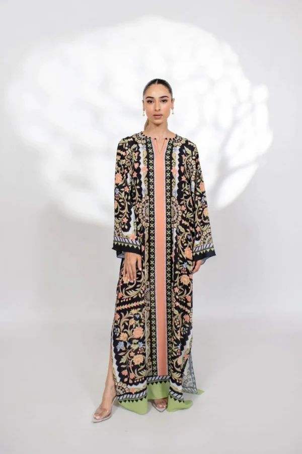 WhatsApp Image 2025-06-26 at 15.50.13_93759bf9 Luxury Black Floral Embroidered Kaftan with Peach Center Panel and Green Hem Detail